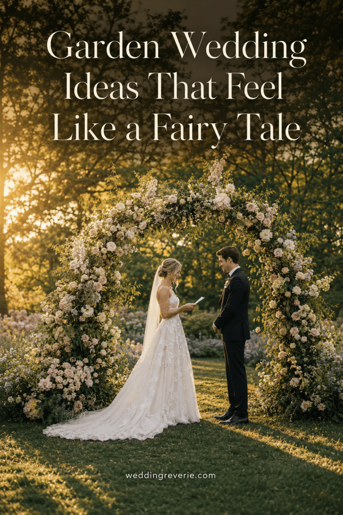 Garden wedding ideas that feel like fairytale- exchange vows beneath a flower arch.