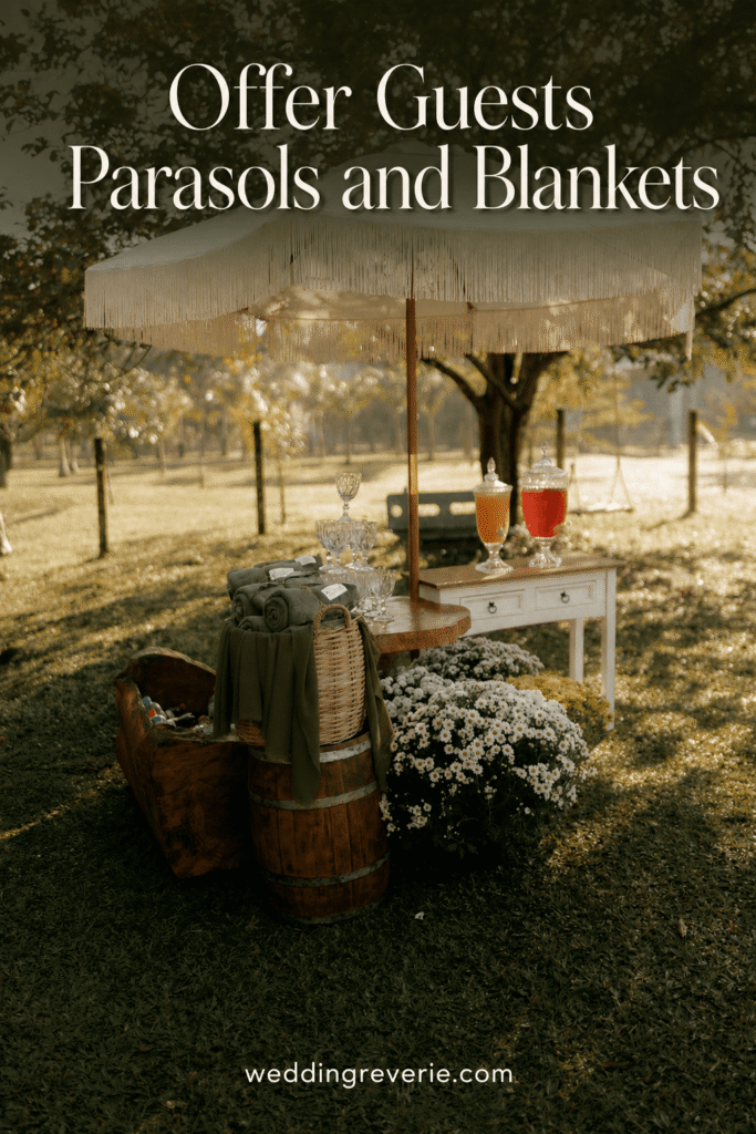 Garden wedding ideas that feel like fairytale-Guests Parasols and Blankets